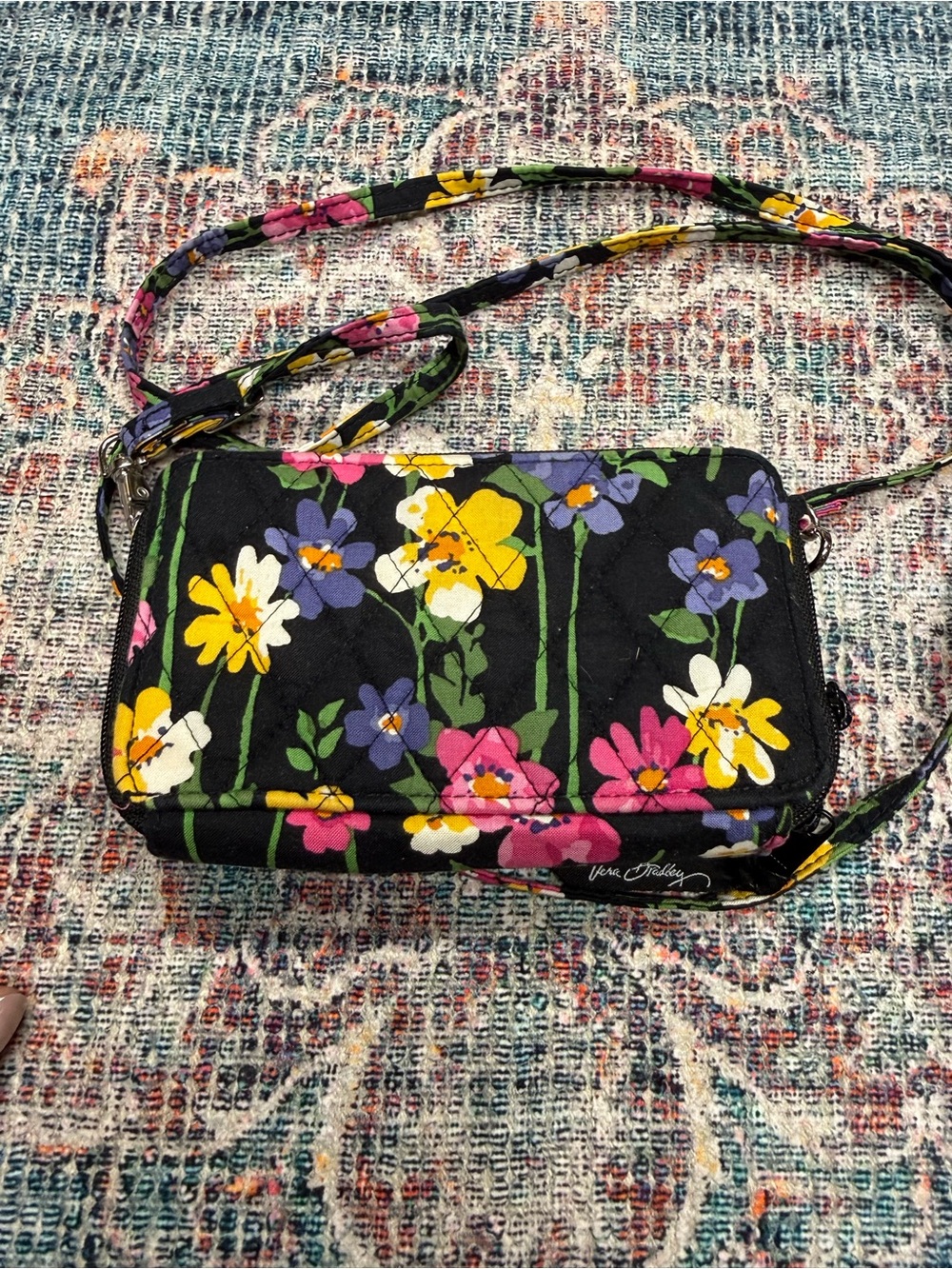 Vera Bradley Black Quilted Floral Crossbody with Yellow Pink Purple Accents
